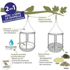NATURES MARKET Abreuvoir et mangeoire pour graines et eau gris en métal Ø 20 x 32 cm