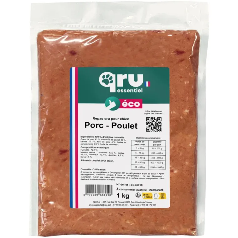 QRU Aliment cru pour chien repas porc Essentiel congelé - 1 kg