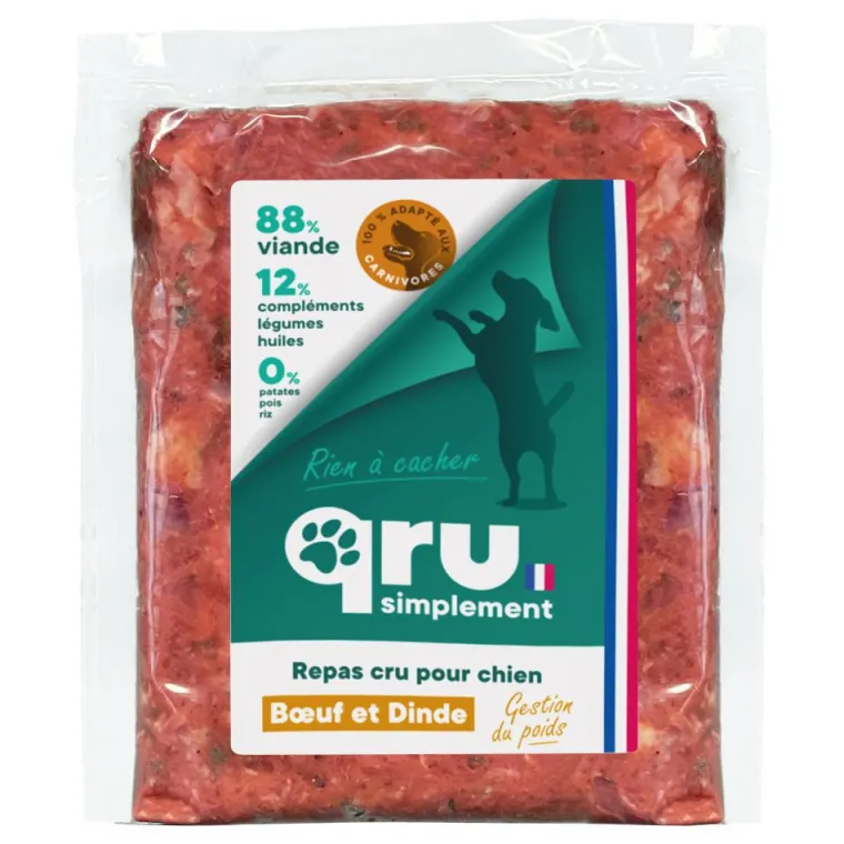 QRU Aliment cru pour chien repas haché dinde Simplement congelé - 450 g