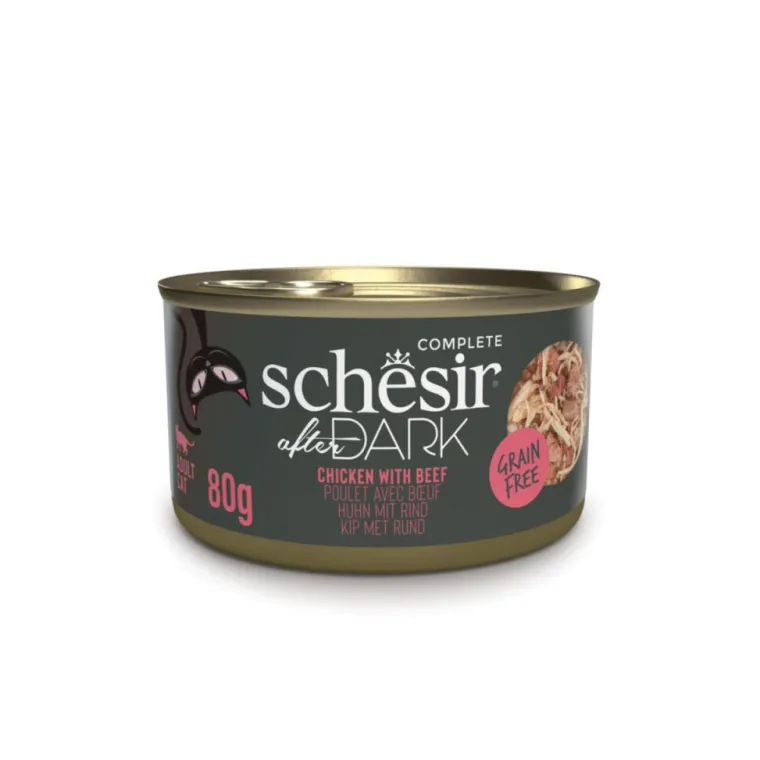 SCHESIR Alimentation humide pour chat filets en bouillon poulet avec bœuf After Dark - boîte de 80 g