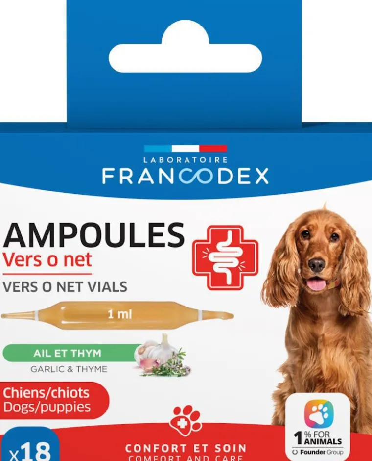 FRANCODEX Ampoules confort intestinal pour chien et chiot ail et thym Vers O Net - x 18 de 1 ml