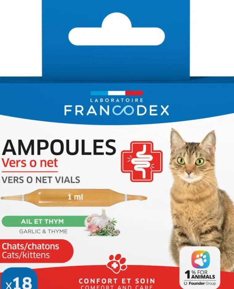 FRANCODEX Ampoules confort intestinal pour chat et chaton ail et thym Vers O Net - x 18 de 1 ml