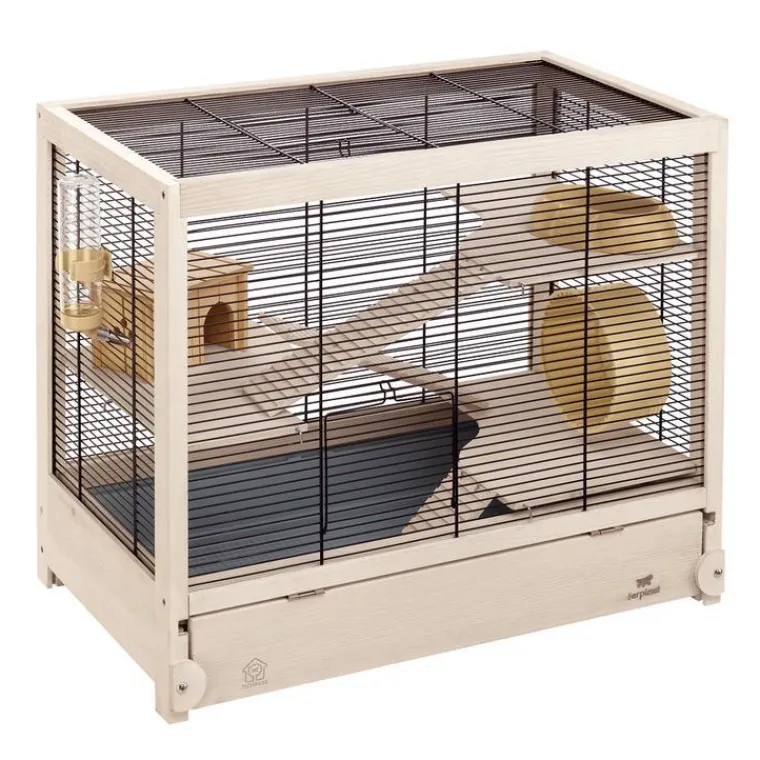 FERPLAST Cage en bois pin nordique coloris blanc Hamsterville - 60 x 34 x 49 cm