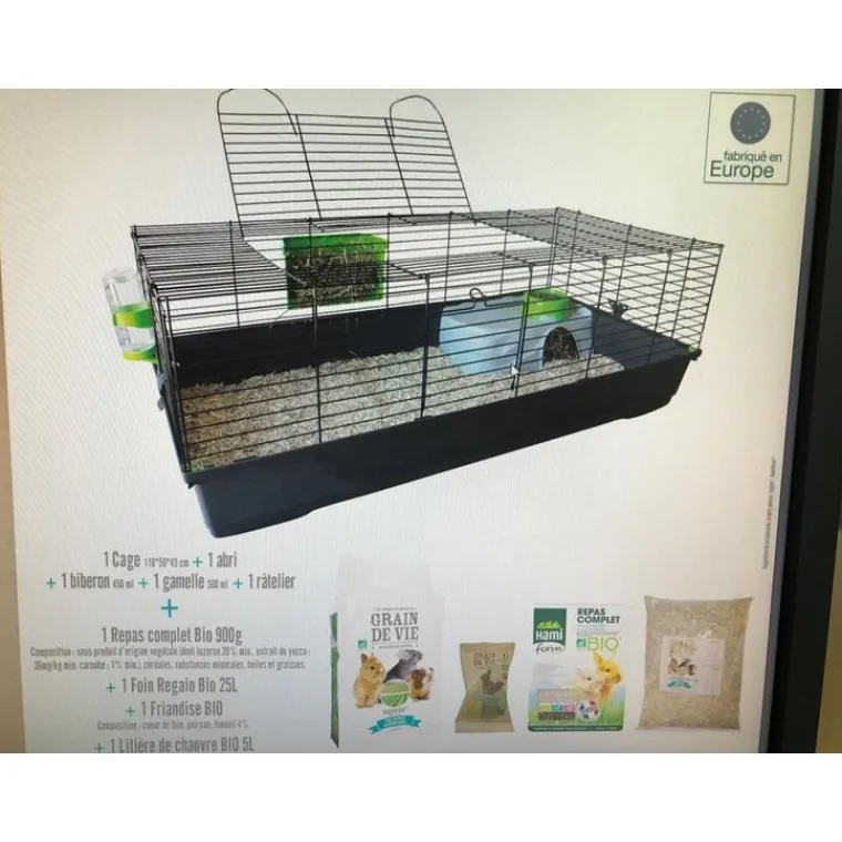 GRAIN DE VIE Cage pour lapin nain coloris noir avec 4 produits inclus Basics kit complet – 59 x 118 x 43 cm