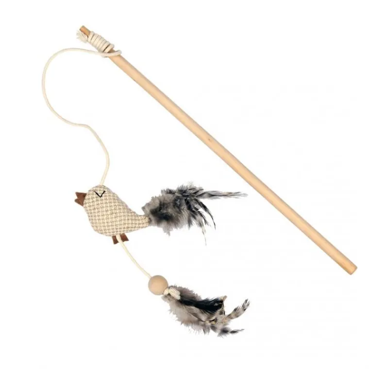 DUVOPLUS Canne à pêche pour chat coloris marron oiseau avec plumes nature