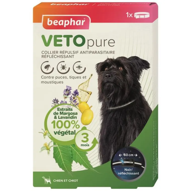 BEAPHAR Collier répulsif antiparasitaire réfléchissant pour le chiot et le chien coloris noir VETOpure – 60 cm