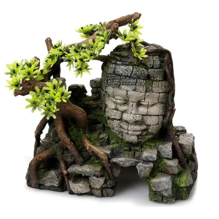 EUROPET Décor aquarium temple angkor avec ses plantes coloris gris résine de polyester - 23 x 14 x 21 cm