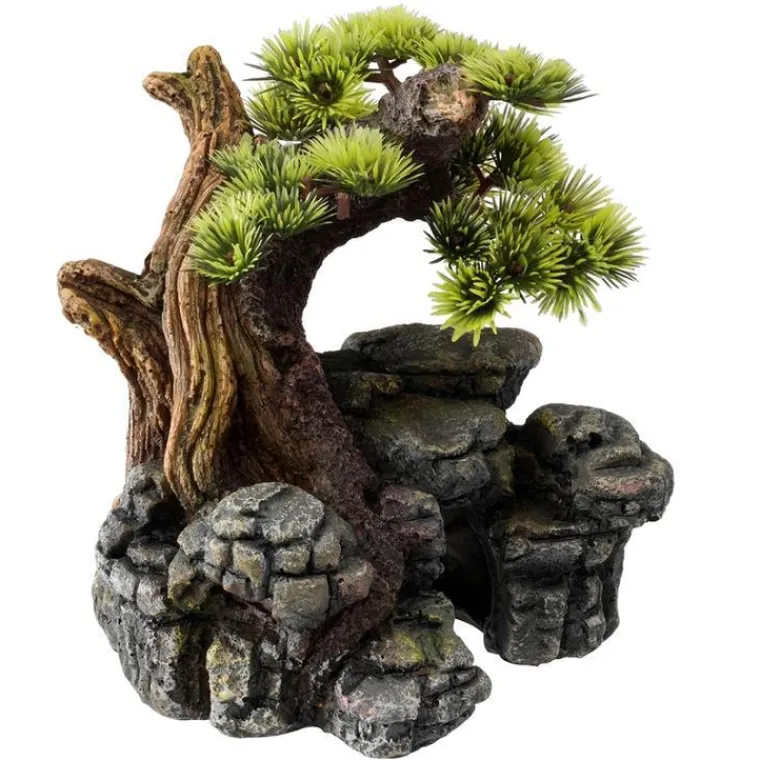 EUROPET Décor d'aquarium pierre bonsai coloris vert en résine de polyester - 16,5 x 16,5 x 18 cm