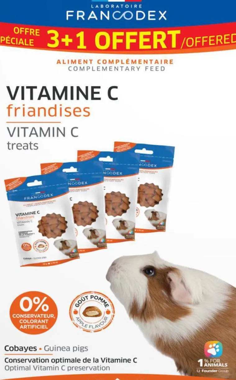 FRANCODEX Friandises vitamine c pour cobaye goût pomme - 4 x 50 g