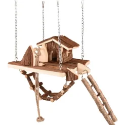 FLAMINGO Jouet pour rongeur en bois maison avec pont suspendu Pure Home Milly – 21,5 x 21,5 x 24,5 cm