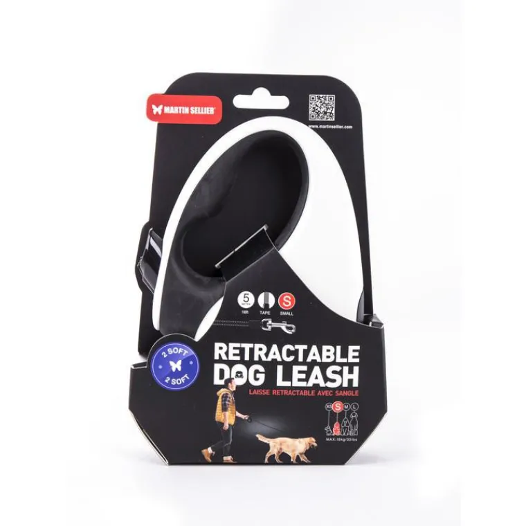 MARTIN SELLIER Laisse rétractable 2 Soft sangle coloris noir et blanc - S