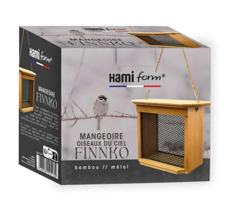 HAMIFORM Mangeoire pour oiseaux du ciel en bambou et métal coloris marron Finnko - 15,6 x 8,7 x 14,3 cm