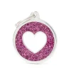 MYFAMILY Médaille à graver pour chien coloris rose pailleté grand cercle avec un cœur blanc Shine