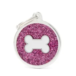 MYFAMILY Médaille à graver pour chien coloris rose pailleté grand cercle avec un os blanc Shine
