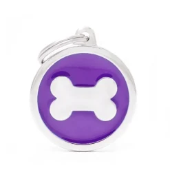 MYFAMILY Médaille classic grand cercle os violet pour chien en acier