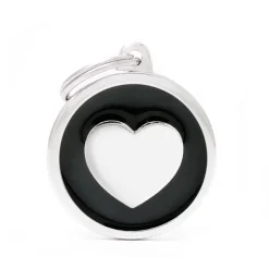 MYFAMILY Médaille classic grand cercle cœur noir pour chien en acier