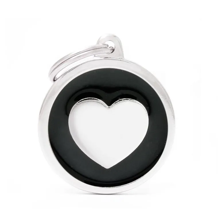 MYFAMILY Médaille classic grand cercle cœur noir pour chien en acier