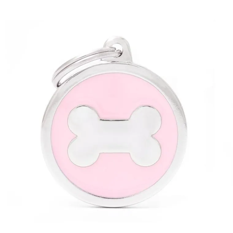 MYFAMILY Médaille classic grand cercle os rose pour chien en acier