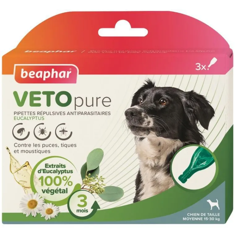 BEAPHAR Pipettes antiparasitaires pour le chien de taille moyenne coloris blanc VETOpure – 3 x 2 ml