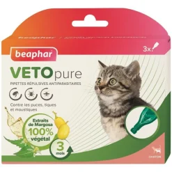BEAPHAR Pipettes antiparasitaires pour le chaton coloris blanc VETOpure – 3 x 0,4 ml