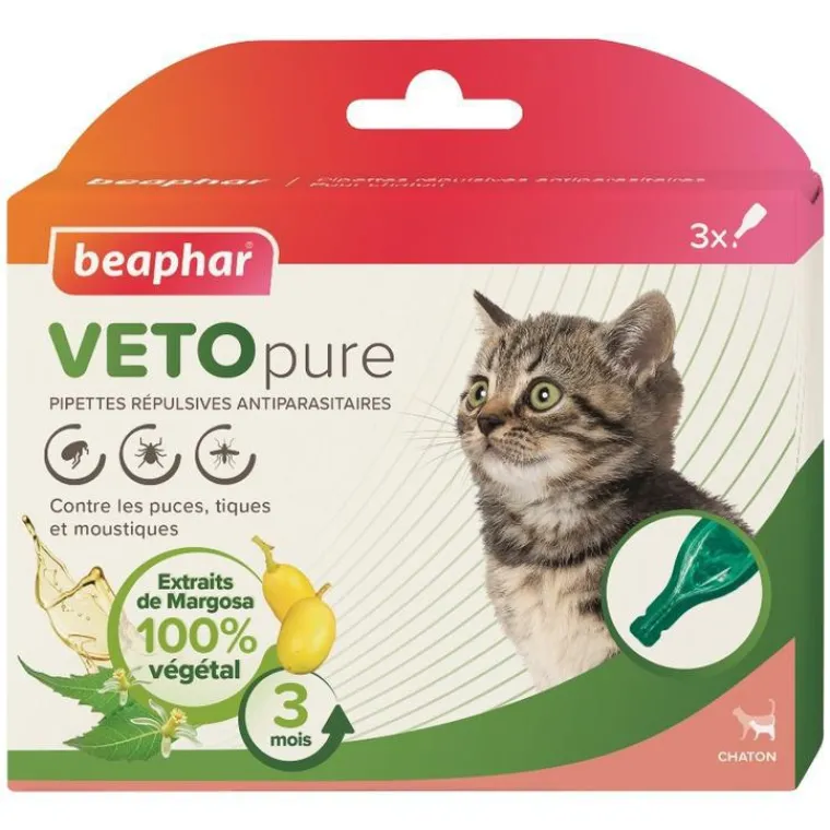 BEAPHAR Pipettes antiparasitaires pour le chaton coloris blanc VETOpure – 3 x 0,4 ml