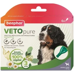 BEAPHAR Pipettes antiparasitaires pour le chien de grande taille coloris blanc VETOpure – 6 x 2 ml