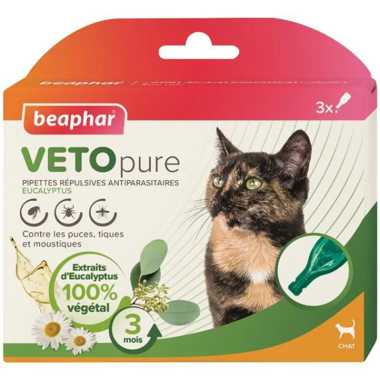 BEAPHAR Pipettes antiparasitaires pour le chat coloris blanc VETOpure – 3 x 1 ml