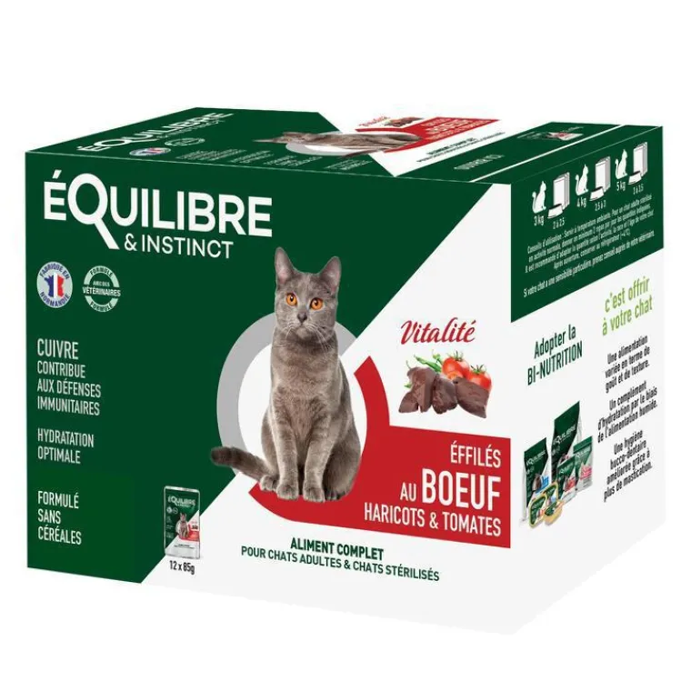 EQUILIBRE&INSTINCT Pâtée "Vitalité effilés" pour chat adulte ou stérilisé au bœuf et aux haricots Équilibre & Instinct - 12 x 85 g