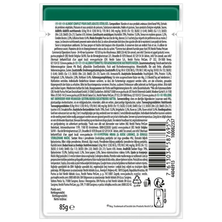 PRO PLAN Sachet au bœuf pour chat stérilisé Purina – 85 gr